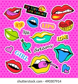 Fashion patch badges. Lips set. Set of stickers, pins, patches and handwritten notes collection in cartoon 80s-90s comic style. Trend. Vector illustration isolated. Vector clip art.