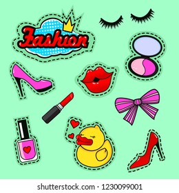 Fashion patch badges with lips, shoes, lipstick, speech bubbles, crown, eyelashes, nail polish, duck, bow, and other elements. Set of girlish stickers, patches in cartoon isolated on white background