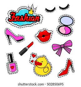 Fashion patch badges with lips, shoes, lipstick, speech bubbles, crown, eyelashes, nail polish, duck, bow,  and other elements. Set of girlish stickers, patches in cartoon isolated on white background