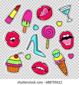 Fashion patch badges with lips, shoes, ice cream, lipstick, feather, cocktail. Vector illustration on a transparent background.Set of stickers, pins, patches in cartoon 80s-90s comic style.