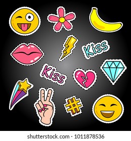 Fashion patch badges with lips, smile, banana, hashtag, diamond, kiss, lightning, flower patch, hand, peace, stars and other. Very large set of girlish and boyish stickers, patches in cartoon isolated