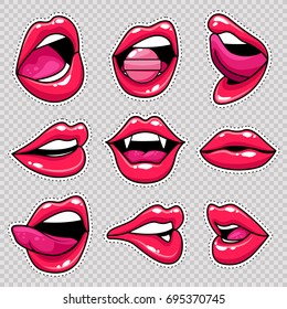 Fashion patch badges with lips and white stroke. Set of stickers and patches in cartoon 80s-90s comic style in vector. Ready for print