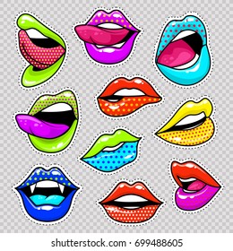 Fashion patch badges with lips and white stroke. Set of stickers and patches in cartoon 80s-90s comic style in vector. Ready for print