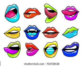 Fashion patch badges with lips and white stroke. Set of stickers and patches in cartoon 80s-90s comic style in vector. Ready for print