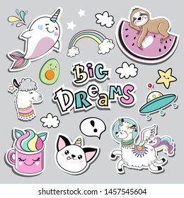 Fashion patch badges with llama, cat unicorn, whale, sloth and inscriptions big dreams in kawaii style on a grey background