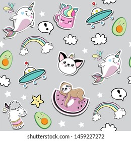 Fashion patch badges with llama, cat unicorn, whale and sloth in kawaii style on a grey background seamless pattern