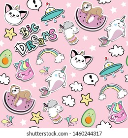 Fashion patch badges with llama, cat unicorn, whale and sloth in kawaii style on a pink background seamless pattern