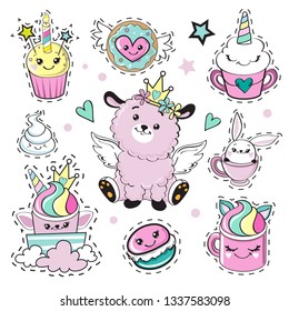 Fashion patch badges llama and sweets with eyes in kawaii style