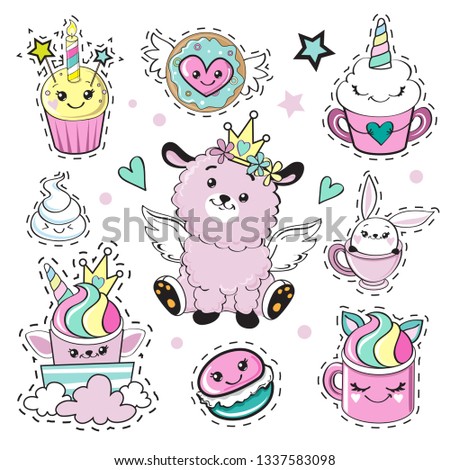 Fashion patch badges llama and sweets with eyes in kawaii style