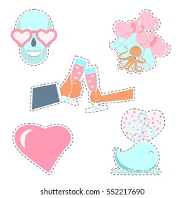 Fashion patch badges with love elements for Valentines day. Vector illustration isolated on white background. Set of stickers, pins, patches in cartoon 80s-90s pop-art style