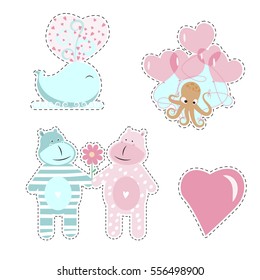 Fashion patch badges with love elements for Valentines day. Vector illustration isolated on white background. Set of stickers, pins, patches in cartoon 80s-90s pop-art style.