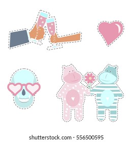 Fashion patch badges with love elements for Valentines day. Vector illustration isolated on white background. Set of stickers, pins, patches in cartoon 80s-90s pop-art style.