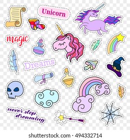 Fashion patch badges. Magic set. Stickers, pins, patches, cute magic collection with unicorn and rainbow. 80s-90s comic style. Trend. Vector illustration isolated. Vector clip art.