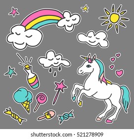 Fashion patch badges. Magic set. Cute magic collection with unicorn, rainbow, milk and sweets. Trend. Vector illustration isolated. 