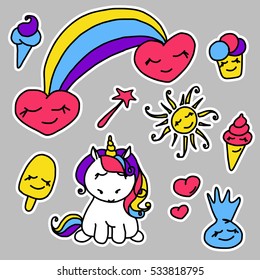Fashion patch badges. Magic set. Cute magic collection with unicorn, rainbow and sweets. Trend. Vector illustration isolated. 