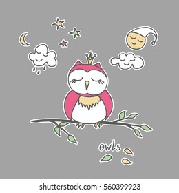 Fashion patch badges. Magic set. Cute magic collection with owls, branch, leaves, clouds, stars, and month. Trend. Vector illustration isolated. 