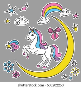Fashion patch badges. Magic set. Cute magic collection with unicorn, month, clouds, stars, bow, flowers.Trend. Vector illustration isolated. 
