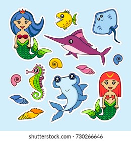 Fashion patch badges with mermaids, fish, fish hammer, swordfish, sea and other. Very large set of girlish and boyish stickers, patches in cartoon isolated.Trendy print for backpacks, things,clothes