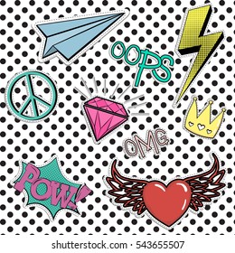 Fashion patch badges on the dotted background.