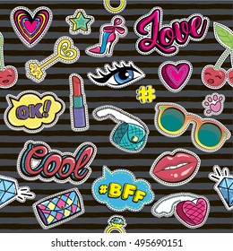 Fashion patch badges on seamless pattern. Stripes repeated backdrop. Set of comics fashion stickers cherry, brilliant, Lips, speech bubbles, eyes, shoes, lipstick, rings, eyelashes, sunglasses,bags
