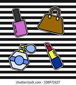 Fashion patch badges on the stripped background. Fashion retro stickers with bag, lipstick, perfume bottle, nail polish