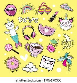 Fashion patch badges on a yellow background. Summer concept. Mermaid cat, unicorn cat, kawaii cup, banana, watermelon, donut. Collection for girls