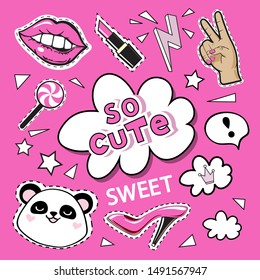 Fashion patch badges with panda face and girl items on a pink background