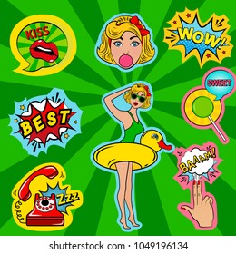 Fashion patch badges in pin up style with blonde girl, duck, tag cloud and other. Very large set of girlish and boyish stickers, patches in cartoon isolated.Trendy print for backpacks, things, clothes