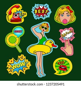 Fashion patch badges in pin up style with blonde girl, duck, tag cloud and other. Large set of girlish and boyish stickers, patches in cartoon isolated.Trendy stickers for backpacks, things, clothes