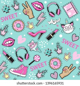 Fashion patch badges with pink girl items on a blue background seamless pattern