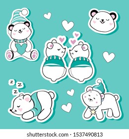 Fashion patch badges with polar bears and hearts collection on a blue background