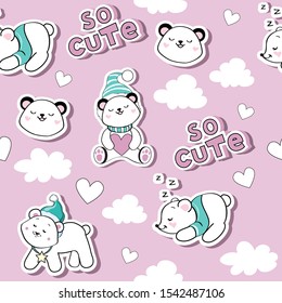 Fashion patch badges with polar bears kawaii style and hearts on a pink background seamless pattern