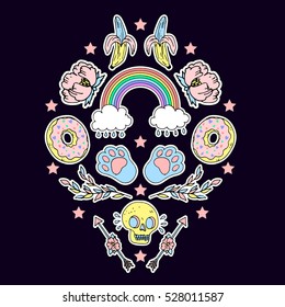 Fashion patch badges with rainbow, donut,rose and other elements for girls. Set of stickers, pins, patches and handwritten notes collection in cartoon 80s-90s comic style.Vector stikers kit