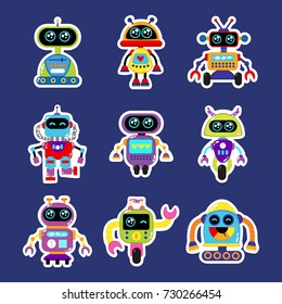 Fashion patch badges with robot, robotics android, toy robot with cute eyes Very large set of girlish and boyish stickers, patches in cartoon isolated.Trendy print for backpacks, things,clothes