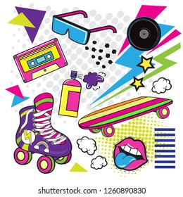 Fashion Patch Badges with rollers, cassette, skate and glasses. Pop art items