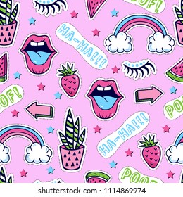 Fashion patch badges seamless pattern. lipstick, heart, crown, mail, lips, diamond, eyes. Vector hand drawn illustration. Pop art sketch badges and pins. 80s - 90s style