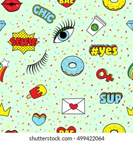 Fashion patch badges seamless pattern with rainbow and other elements for girls. Vector illustration isolated on green background. Set of stickers, pins, patches in cartoon 80s-90s comic style.