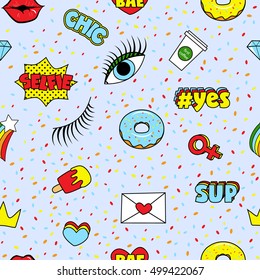 Fashion patch badges seamless pattern with rainbow and other elements for girls. Vector illustration isolated on blue background. Set of stickers, pins, patches in cartoon 80s-90s comic style.