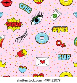 Fashion patch badges seamless pattern with rainbow and other elements for girls. Vector illustration isolated on pink background. Set of stickers, pins, patches in cartoon 80s-90s comic style.