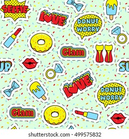 Fashion patch badges seamless pattern with donut, ring and other elements for girls. Vector illustration isolated on white background. Set of stickers, pins, patches in cartoon 80s-90s comic style.