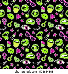 Fashion patch badges seamless pattern. Lips, kissing, open mouth, hearts, tongue, stars. Vector illustration isolated over black background. Stickers, pins, patches set in cartoon 80s-90s comic style.