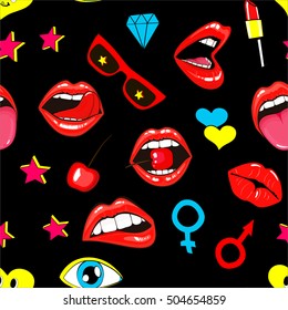 Fashion patch badges seamless pattern. Lips, kissing, open mouth, hearts, tongue, stars. Vector illustration isolated over black background. Stickers, pins, patches set in cartoon 80s-90s comic style.