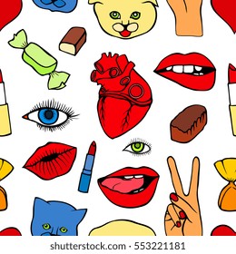 Fashion patch badges seamless pattern. Lips, kissing, open mouth, hearts, hands. Vector illustration of sweet girl patches isolated. Set of textile stickers pins. 80 90 comic style