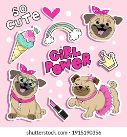 Fashion patch badges set with girl pug dog and items for girls. Vector illustration of funny animals cartoon. Moden trend stickers