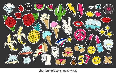 Fashion patch badges set. Isolated vector illustration with editable strokes. Stickers, pins, patches in cartoon 80s-90s comic style.