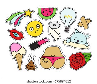 Fashion patch badges set. Isolated vector illustration with editable strokes. Stickers, pins, patches in cartoon 80s-90s comic style.