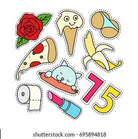 Fashion patch badges set. Isolated vector illustration with editable strokes. Stickers, pins, patches in cartoon 80s-90s comic style.