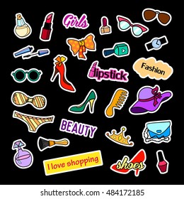 Fashion patch badges. Fashion set. Stickers, pins, patches and handwritten notes collection in cartoon 80s-90s comic style. Trend. Vector illustration isolated. Vector clip art.