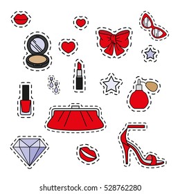 Fashion patch badges. Set of stickers, pins, patches in cartoon 80s-90s comic style. Vector illustration isolated on white background.