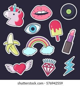 Fashion patch badges. Set of stickers, pins, patches in cartoon comic style of 80s-90s. Vector illustration isolated on background.